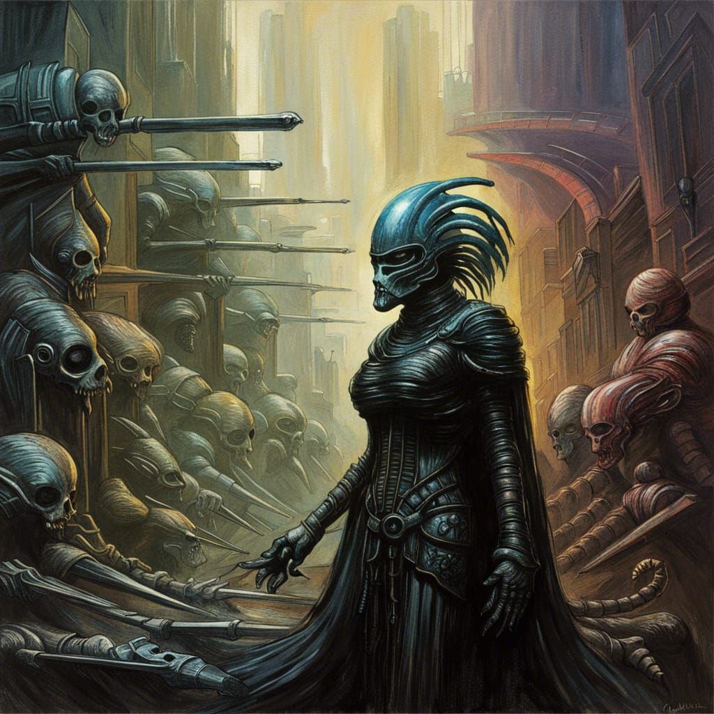 Cosmic Horror War Scene in Art Deco Style