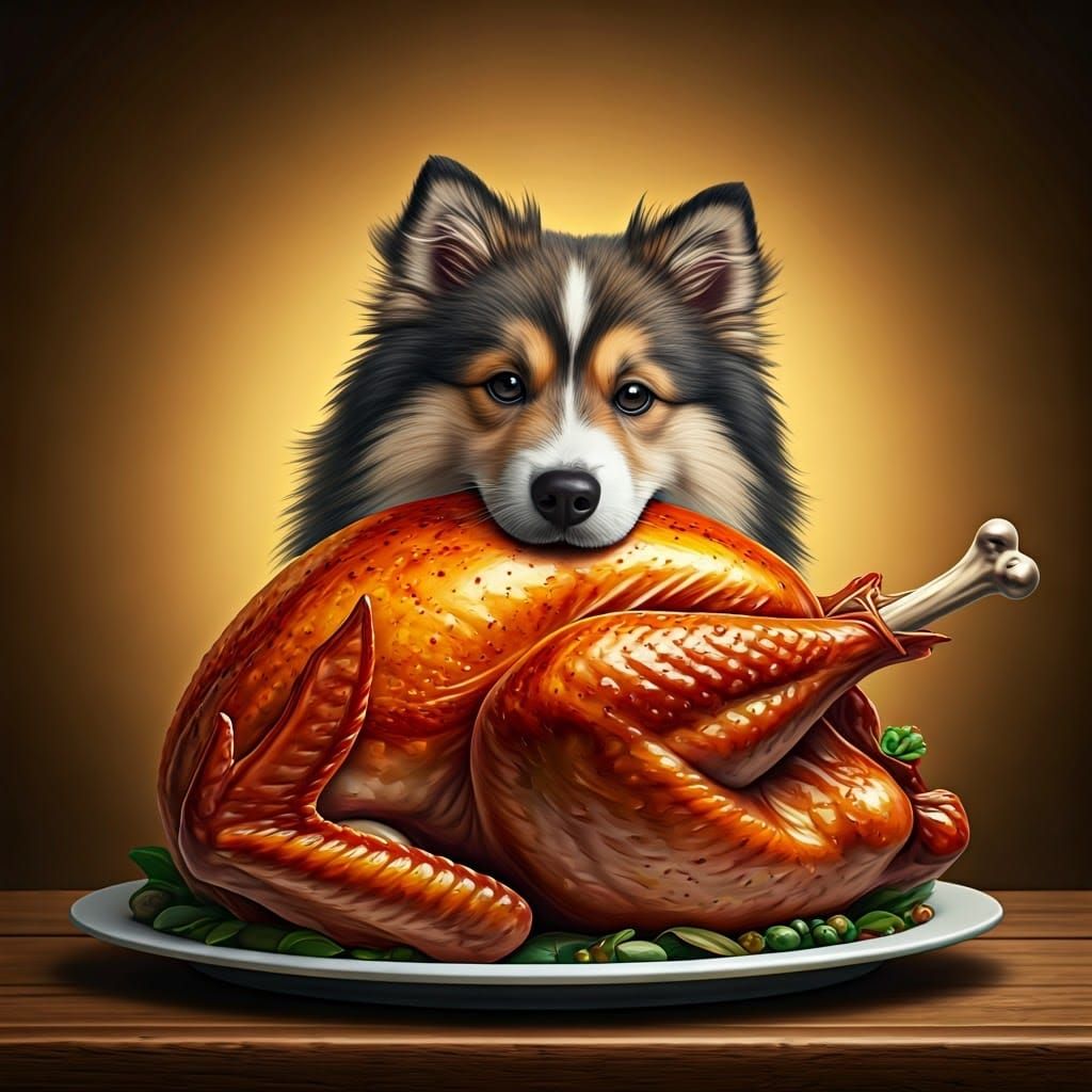 Adorable Dog Stuck in a Golden-Brown Turkey
