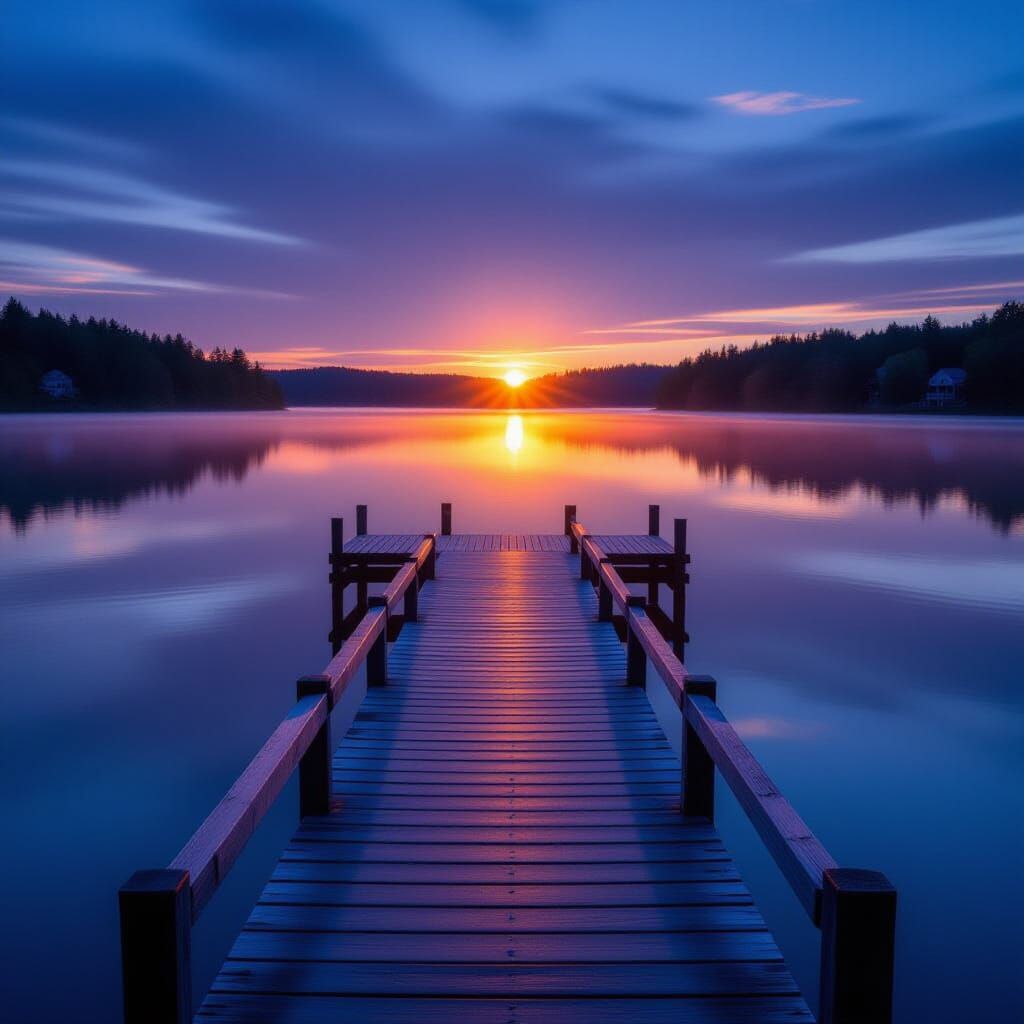 Serene Sunset Lake with Wooden Walkway, Fine Art Photography