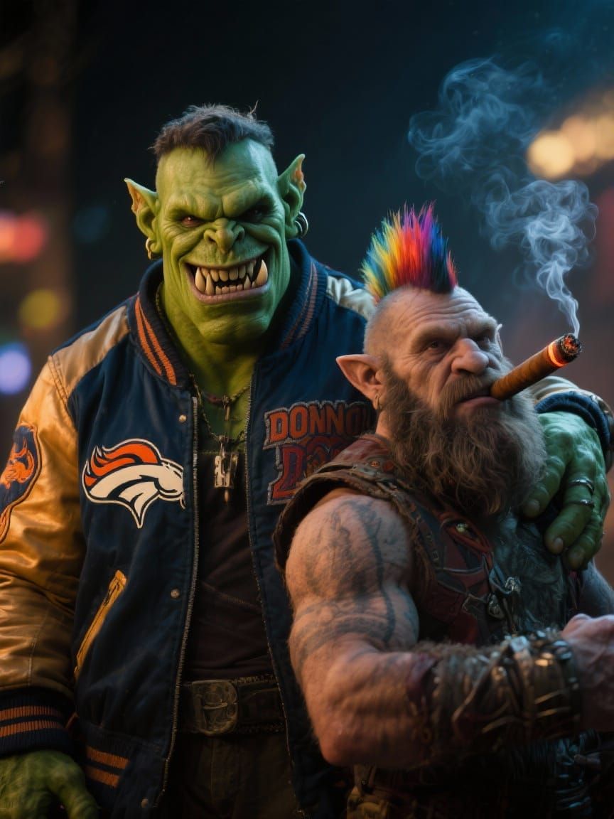 Orc and Dwarf Friends in Broncos Jacket