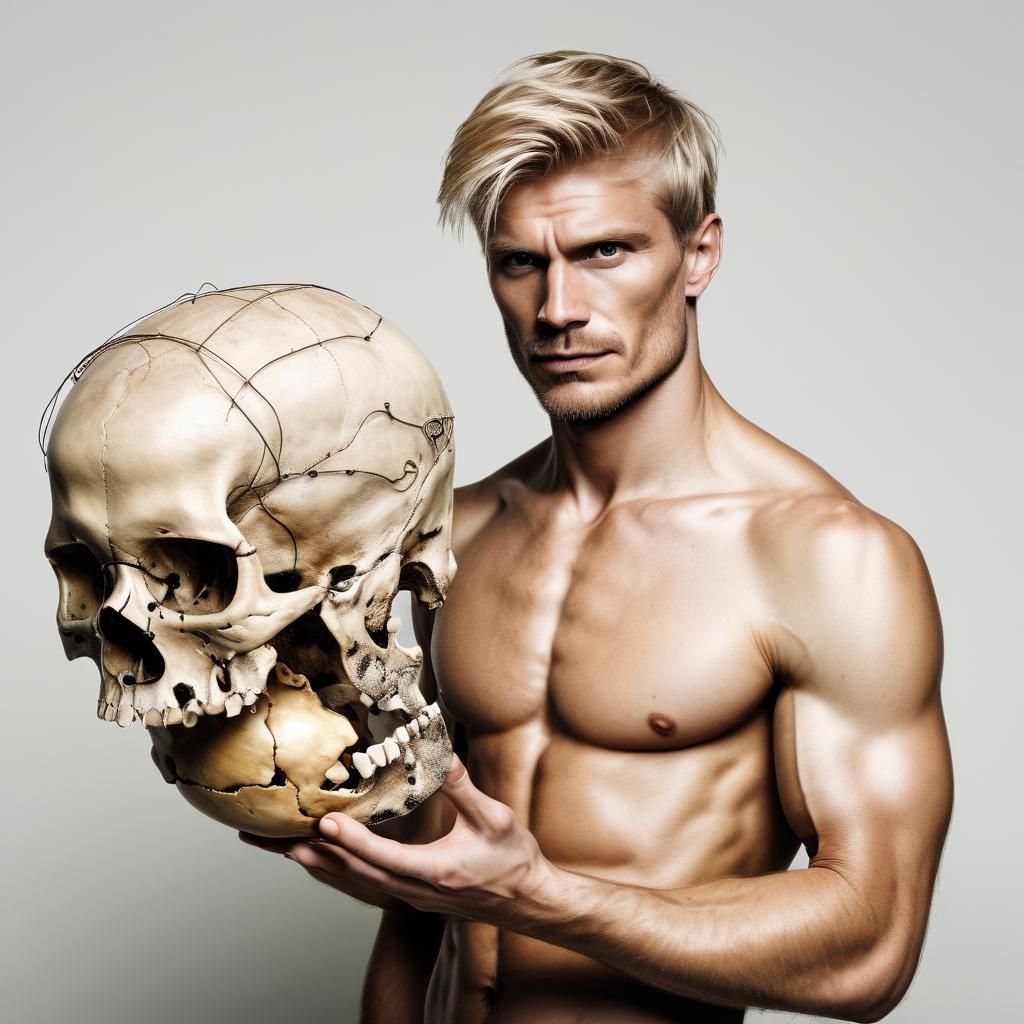 Contemplative Blond Man with Skull