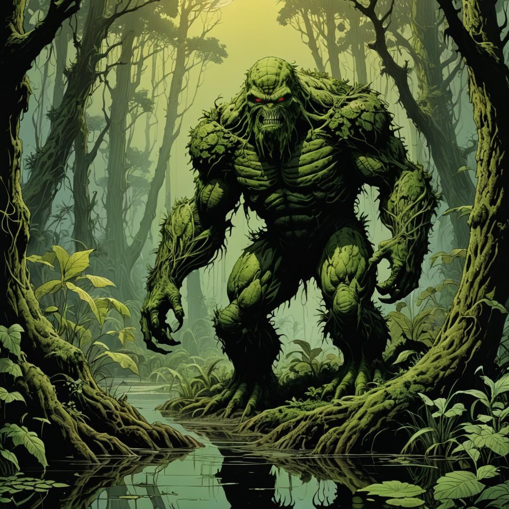 Swamp Creature Laughing, in Psychedelic Comic Style