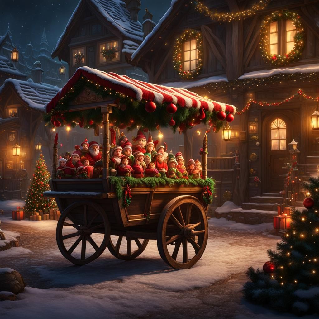 Festive Christmas Cart with Elves in Winter Village