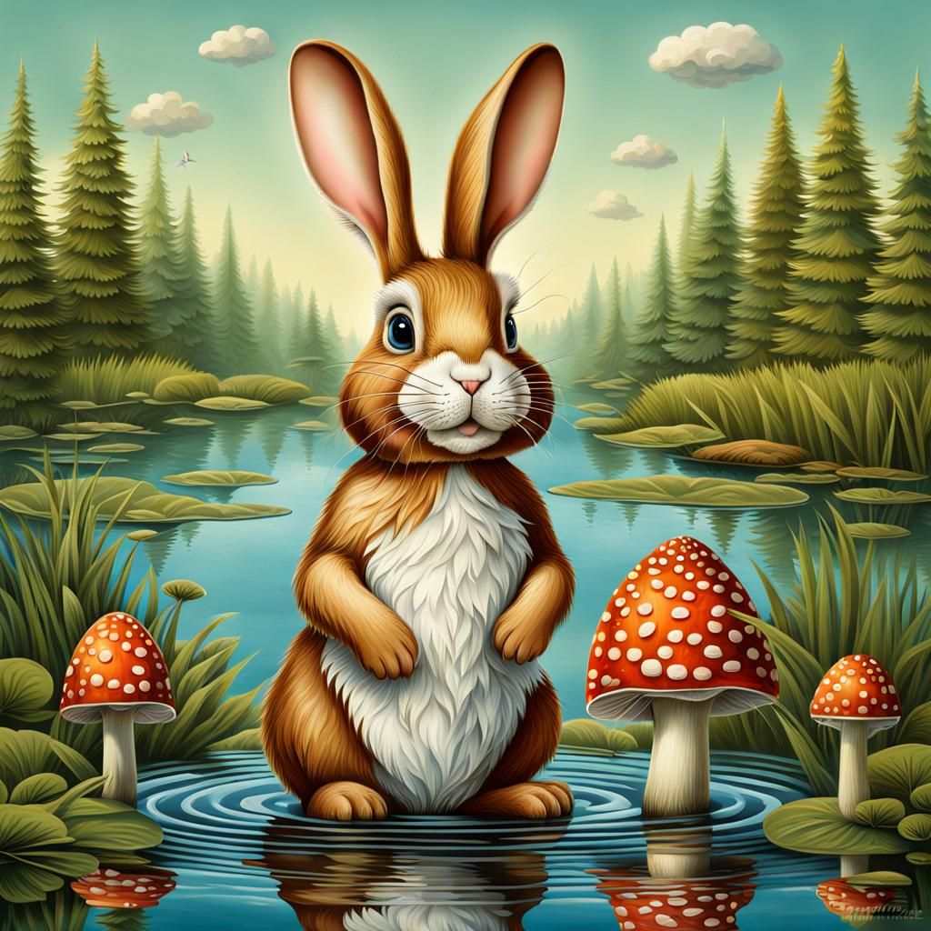 Anthropomorphic Bunny in Surrealist Style with Spring Detail...