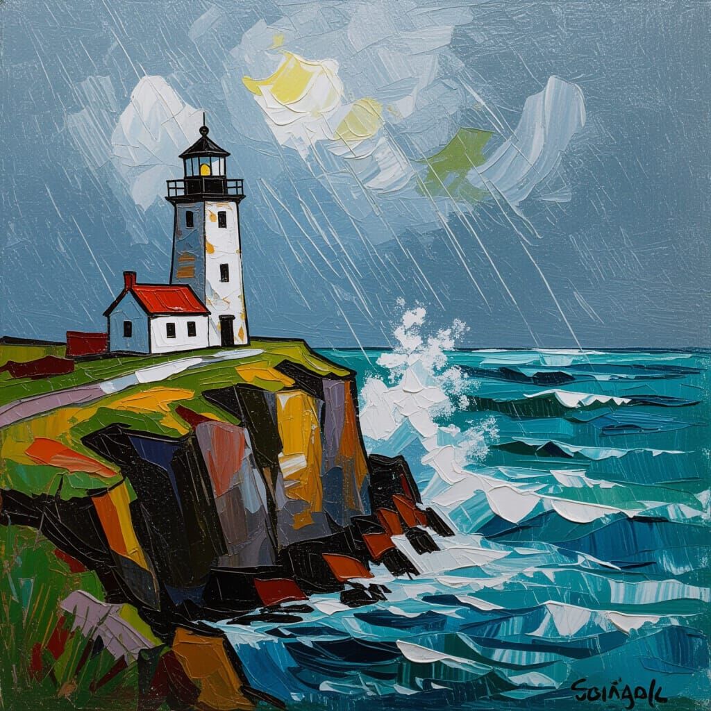 Lighthouse in Impasto Style During a Storm