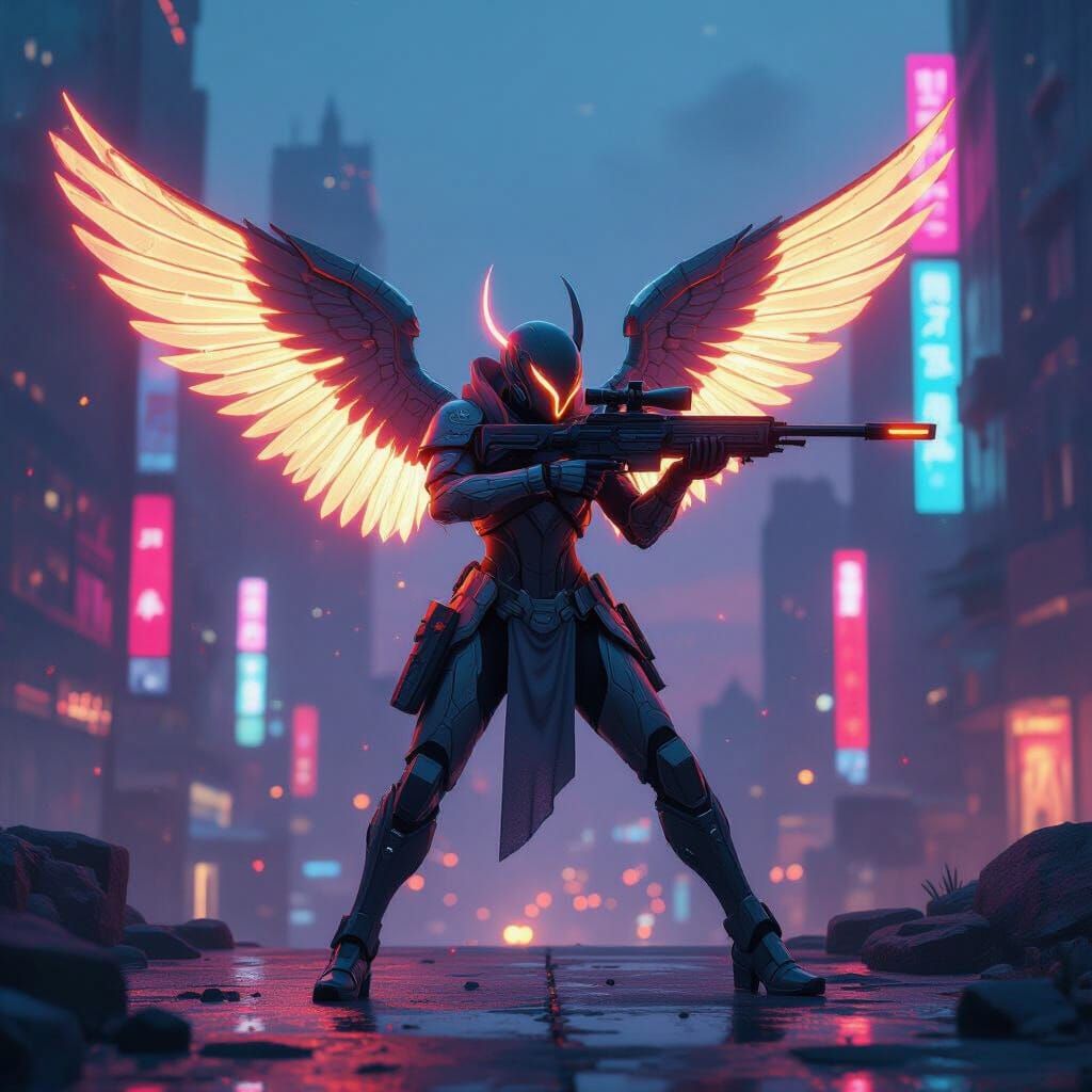 Cyberpunk Angel Sharpshooter in Neon City