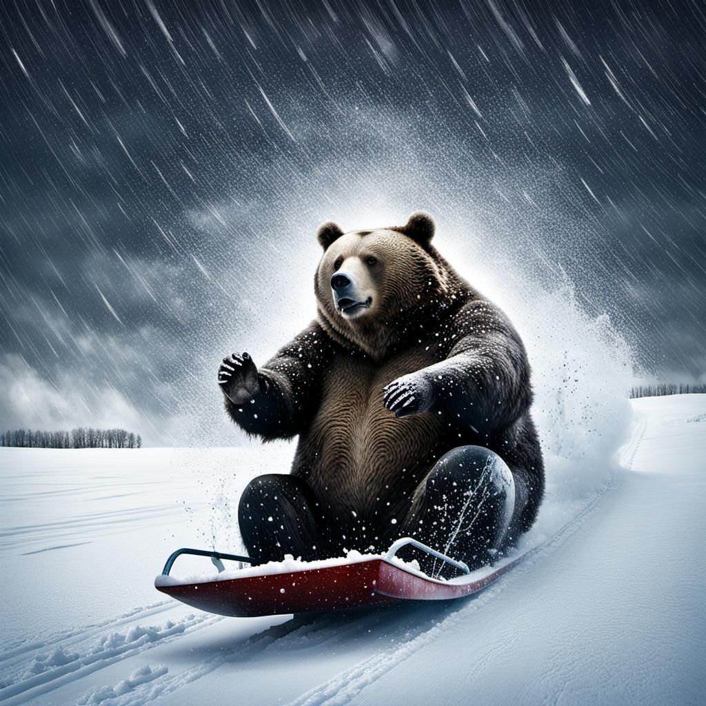 Cyborg Bear Sledding in Arctic Blizzard