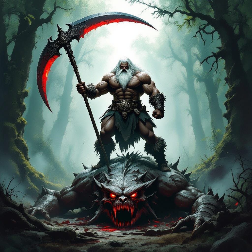 Colossal Barbarian With Giant Scythe Over Monster