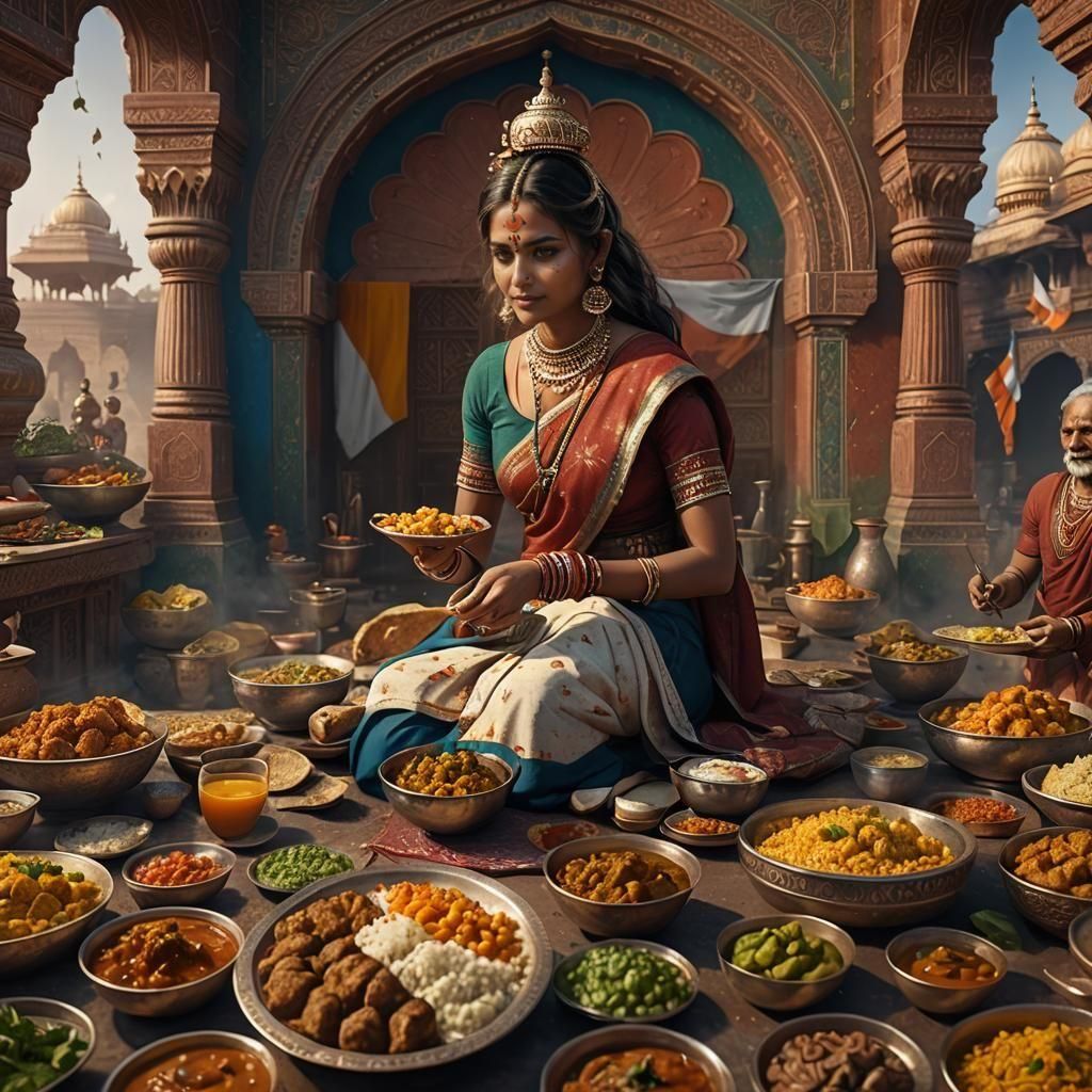 Indian Woman in Flag Dress Eating Food