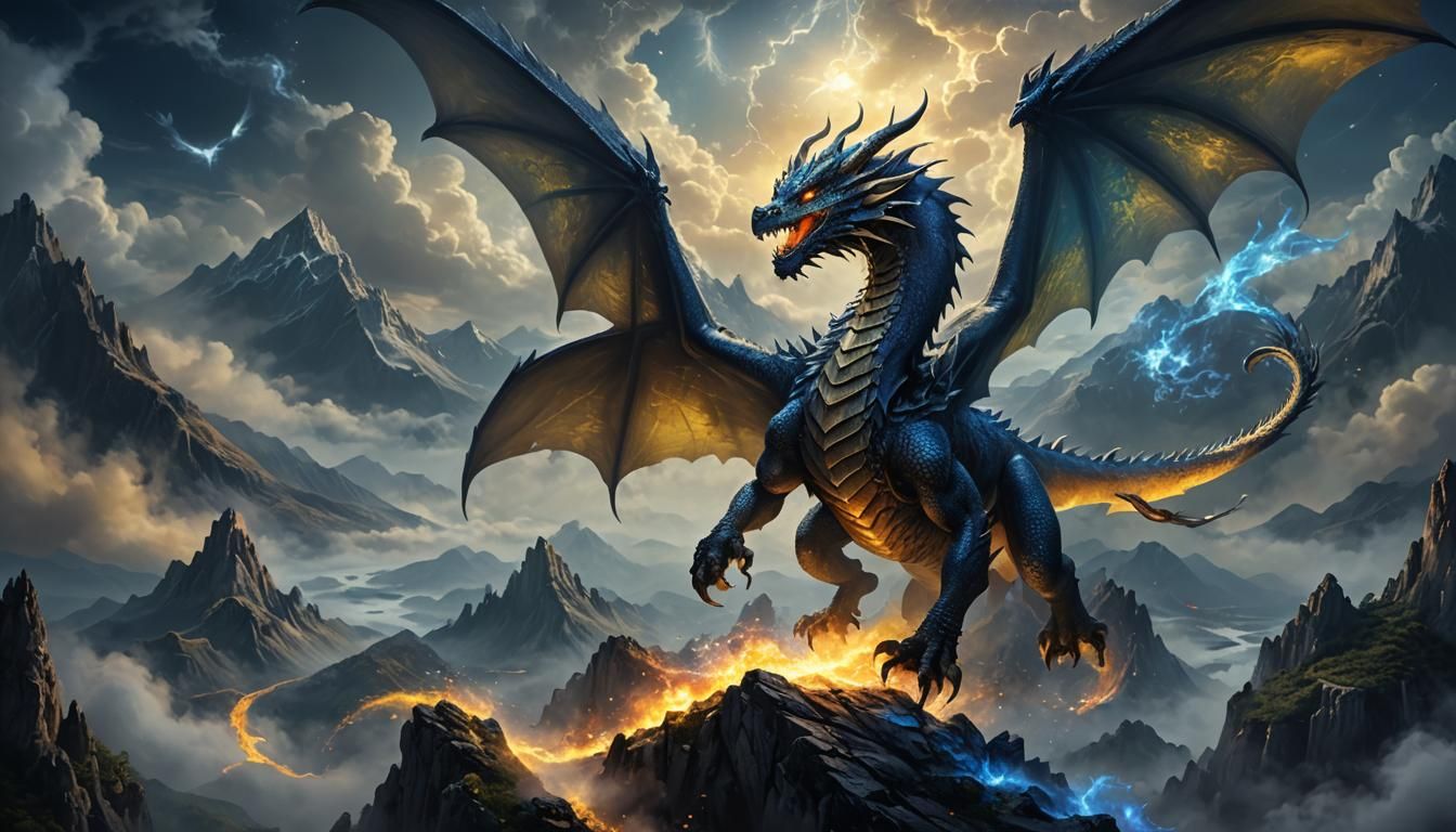Majestic Dragon Soaring Over Ancient Mountains