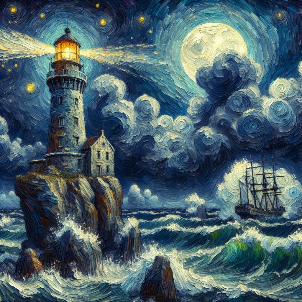 North Sea Lighthouse in Impasto Style