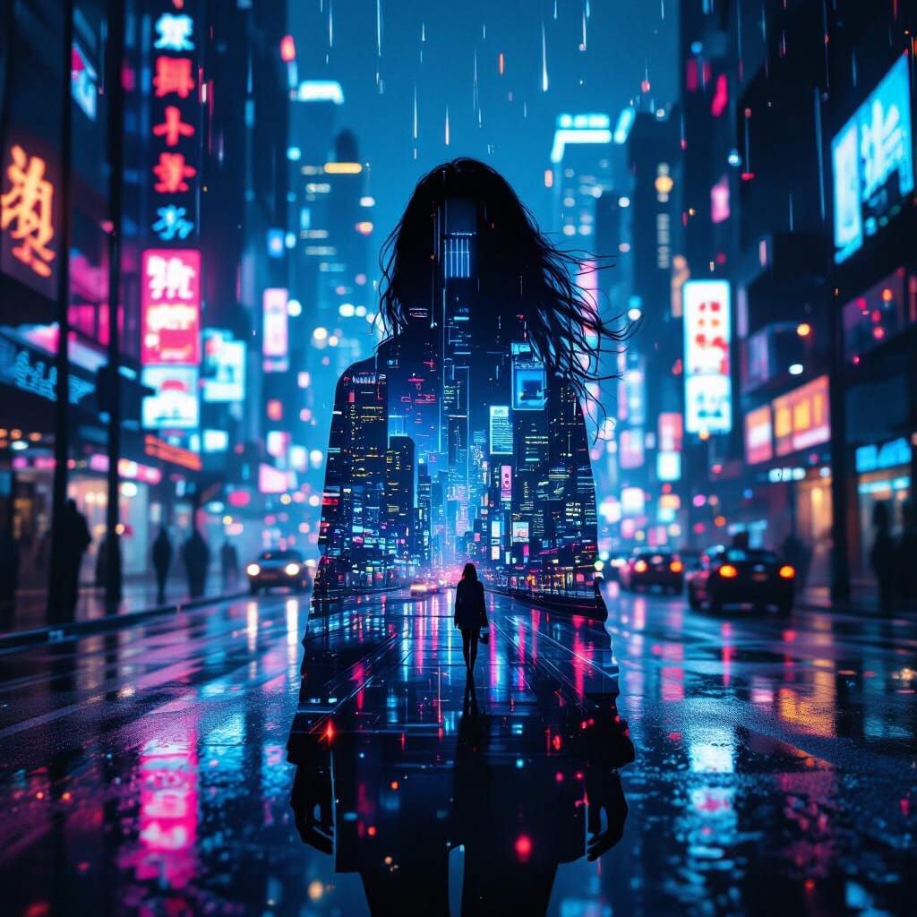 Cyberpunk City Rain Silhouette Vaporwave Aesthetic