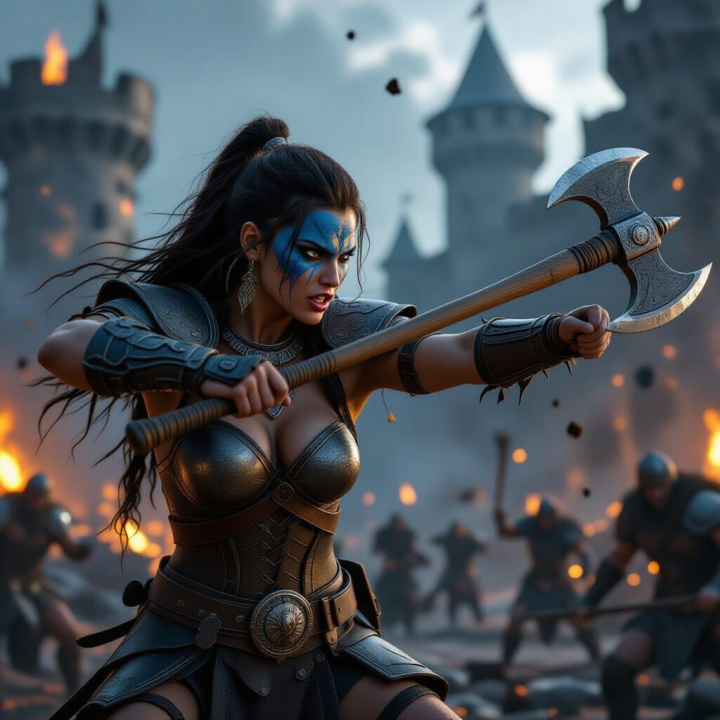 Brunette Barbarian Woman Throwing Axe in Burning Castle