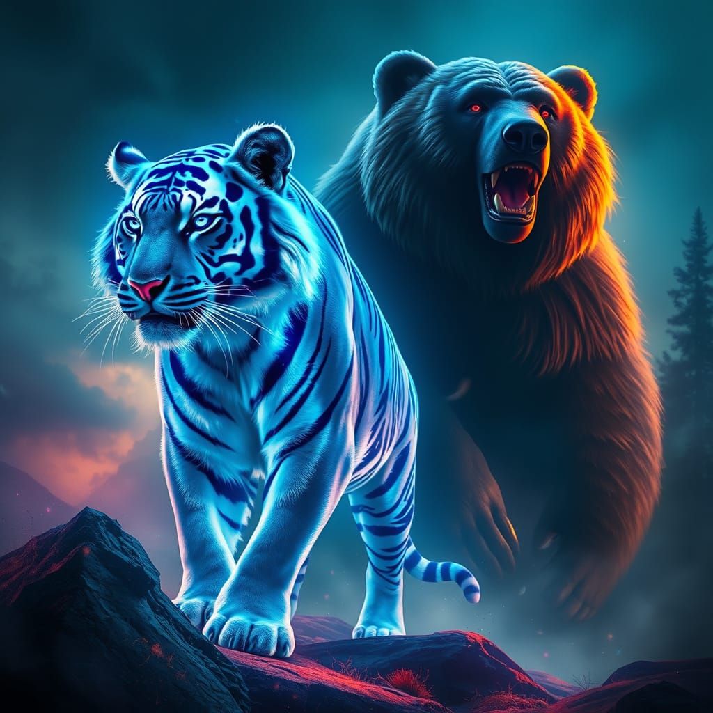 Majestic Blue Tiger with Bear in a Mystical Landscape