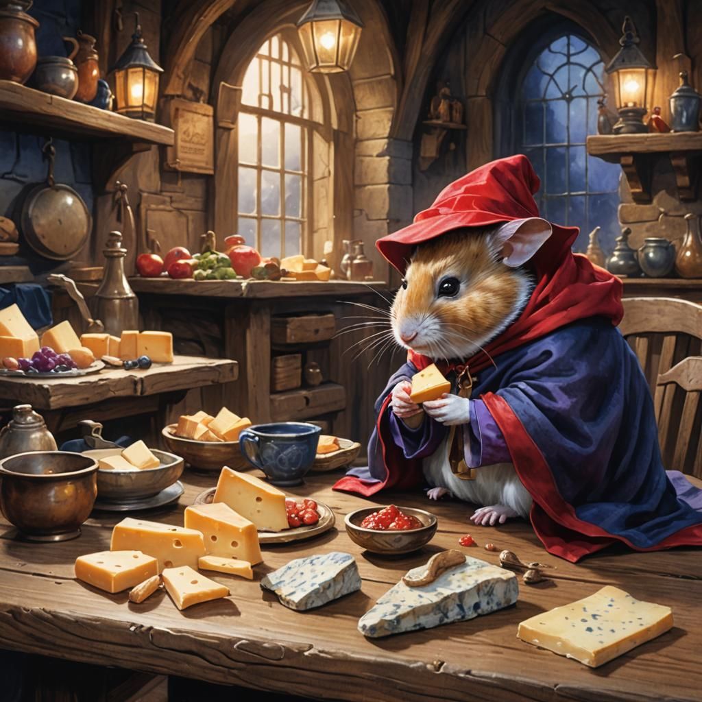 Hamster's Cheese Feast: Whimsical Fantasy Art
