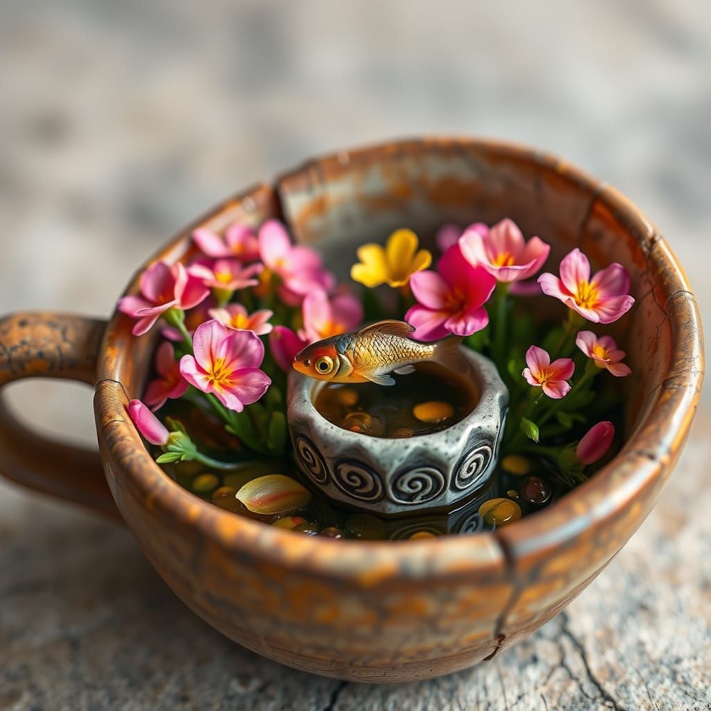 Whimsical Garden Scene in Weathered Ceramic Mug