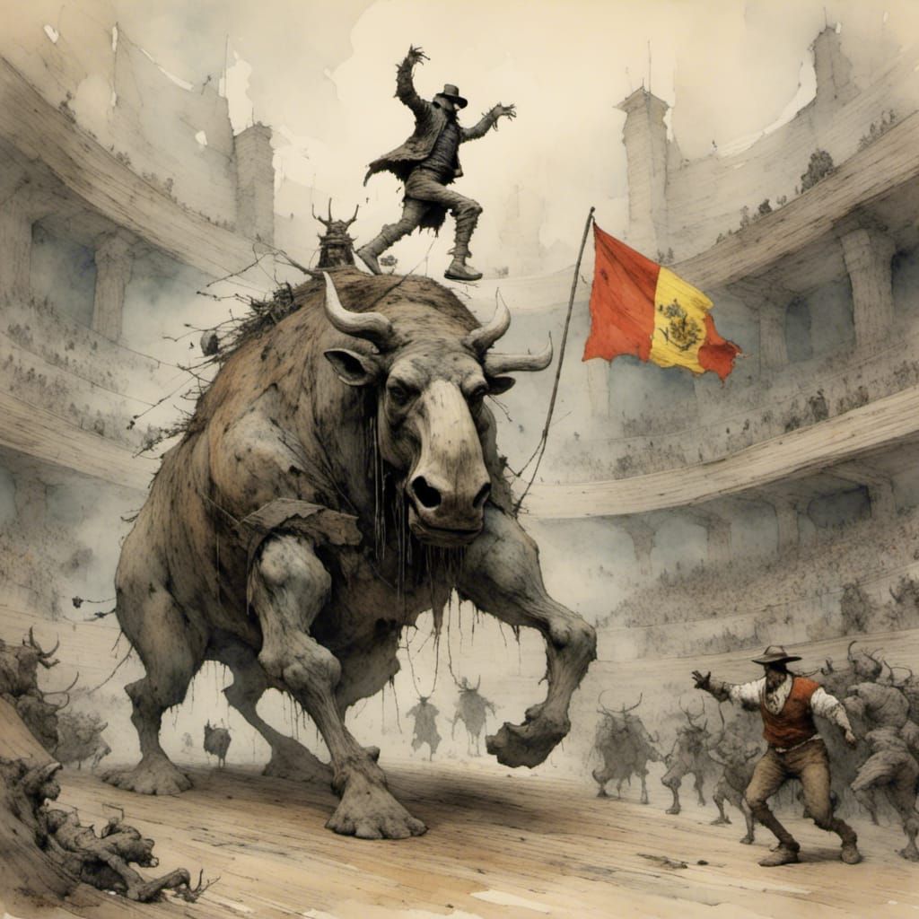 Frightened Robot Matador in Futuristic Arena as Watercolor