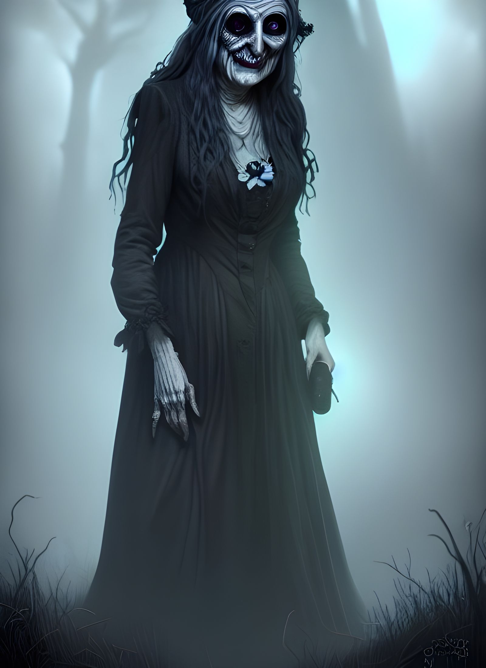 Sinister Victorian Hag in Graveyard Art