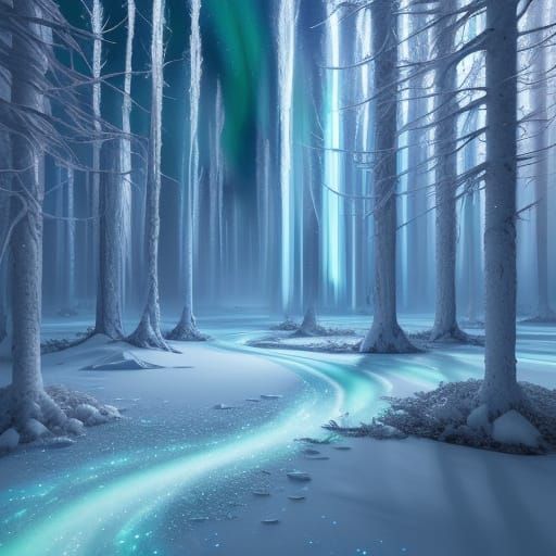 Frozen Forest Aurora Borealis in Painterly Style