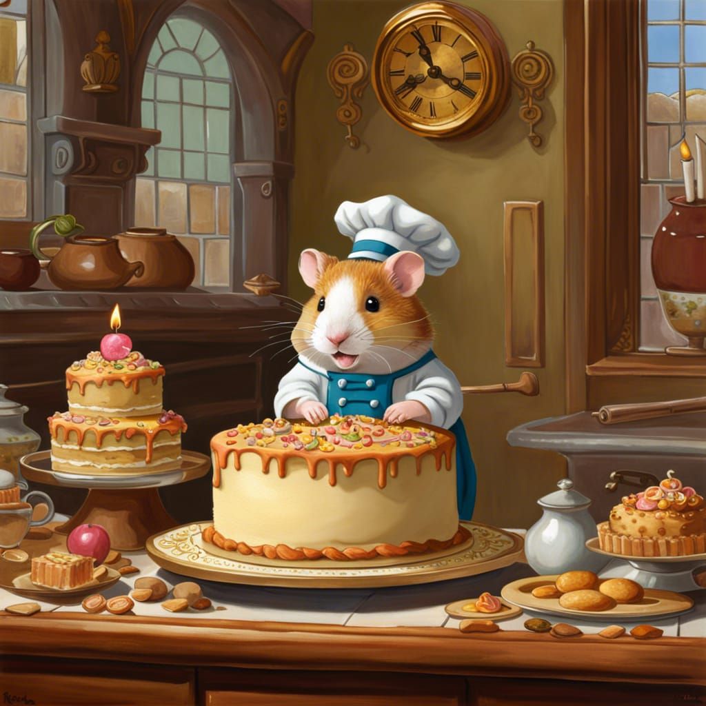 Hamster Baker Creates Birthday Cake as Impasto Painting