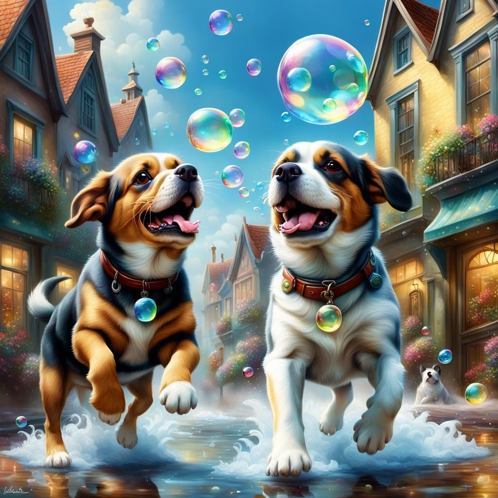 Dogs Catching Bubbles: Hyperrealistic Splash Art