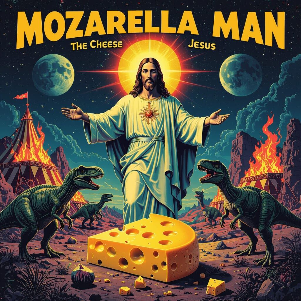 Mozarella Man in Cosmic Eclipse with Dinosaurs