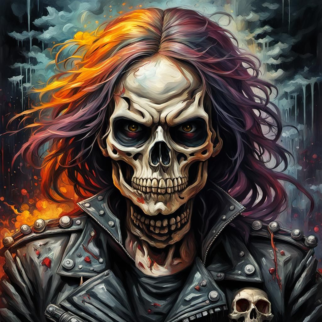 Grotesque Gothic Biker Skull: An Impasto Masterpiece