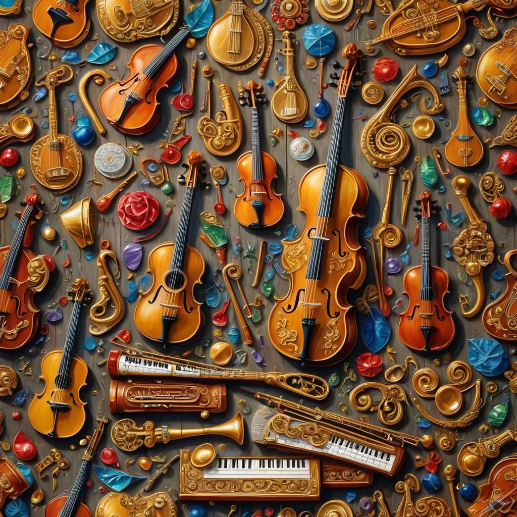 Ornate Musical Instruments in Impasto Oil Painting