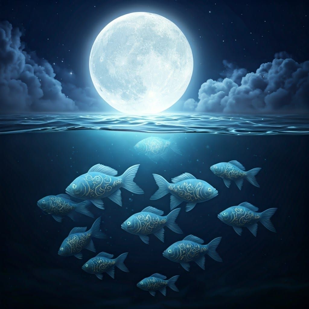 Glowing Zodiac Fish Swim Beneath Full Moon in Dreamy Surreal...