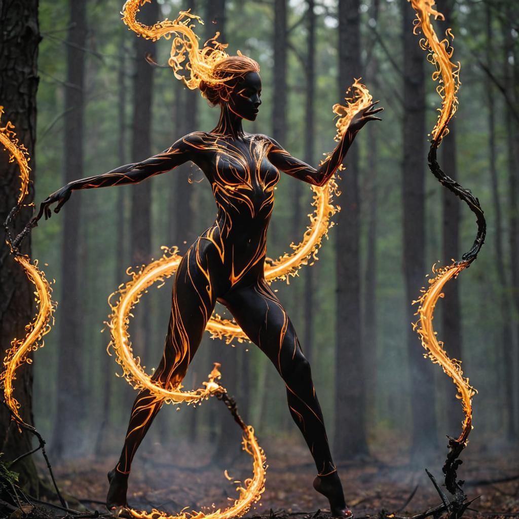 Dancing Flame Figure in Forest Backdrop