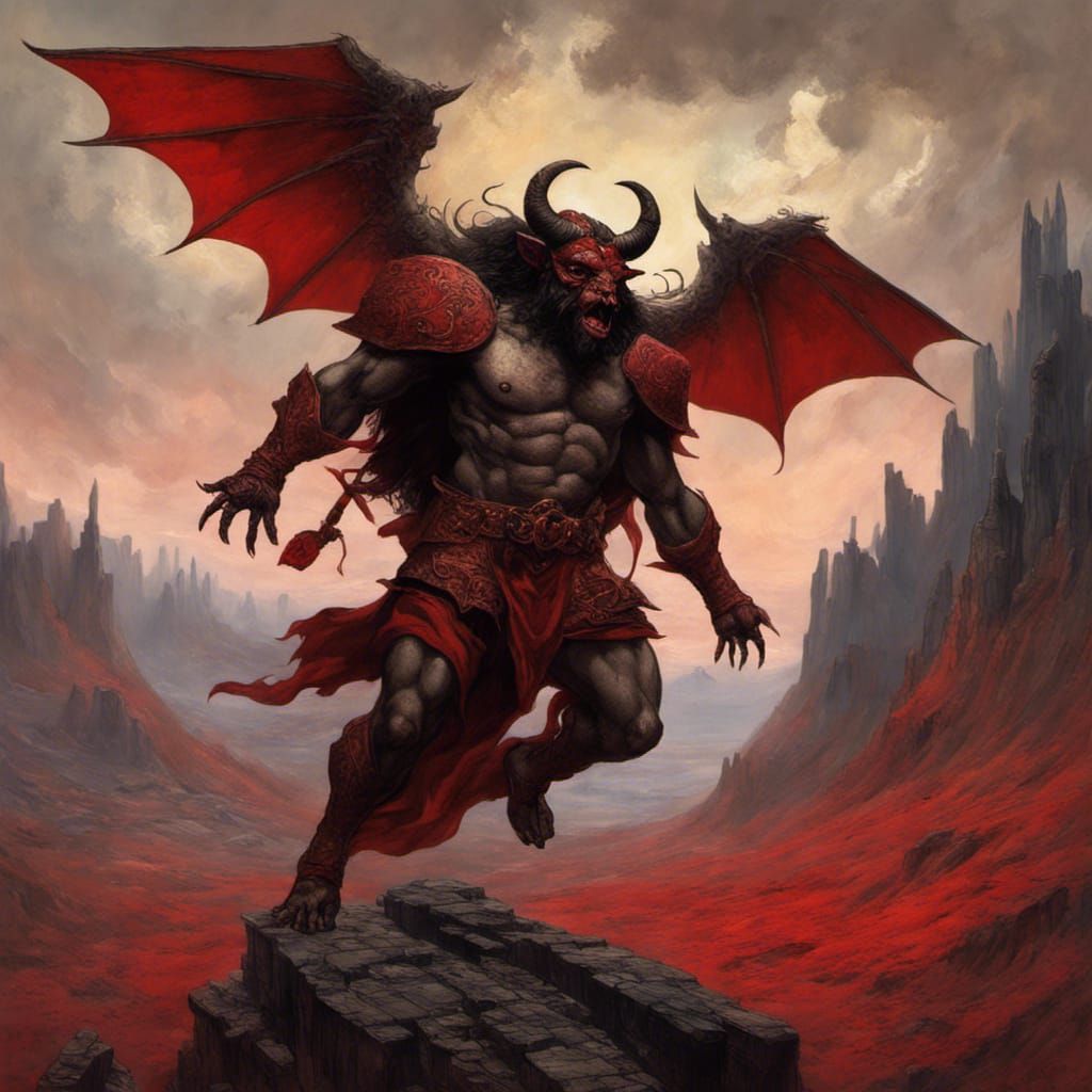 Winged Minotaur Wizard Casting Spell Over Surreal Land