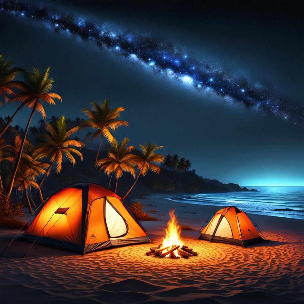 Nighttime Beachfront Camping Scene in Realistic Style