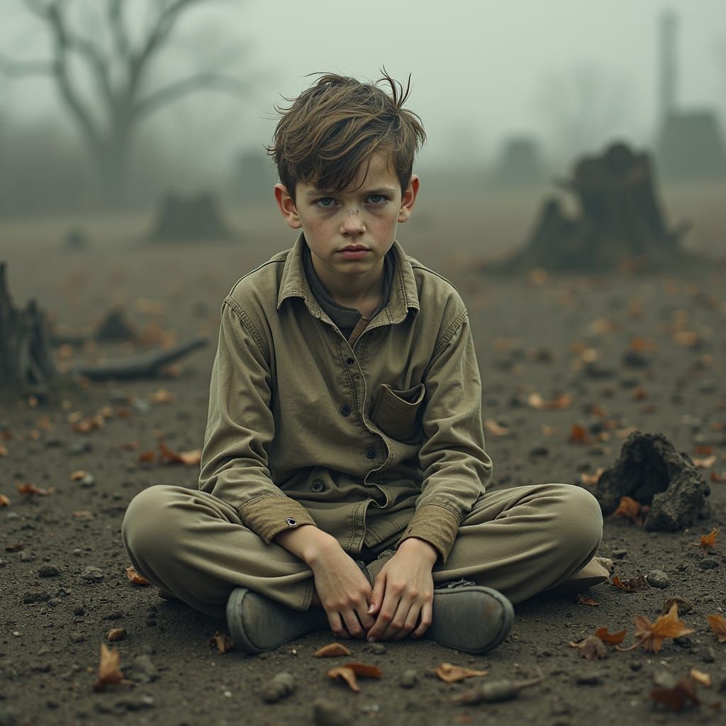 Forlorn Boy in Desolate Landscape: Somber Art
