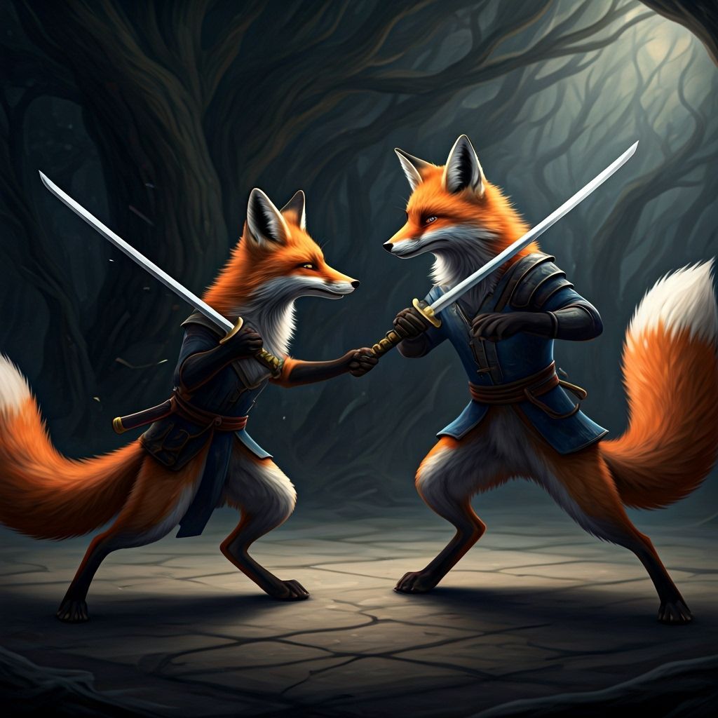 Foxes Duel with Swords in a Fanciful Battle