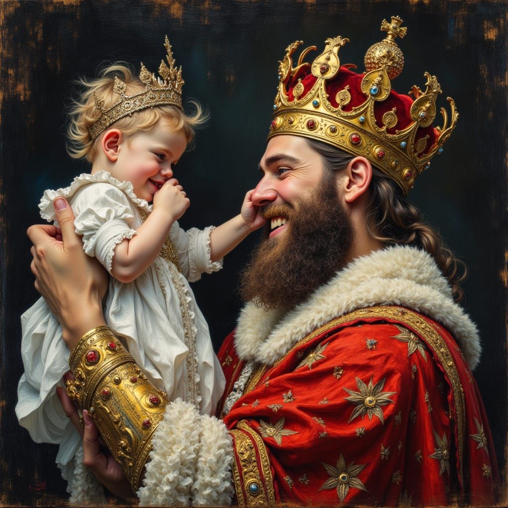 King Presents Newborn Daughter in Illuminated Print Style