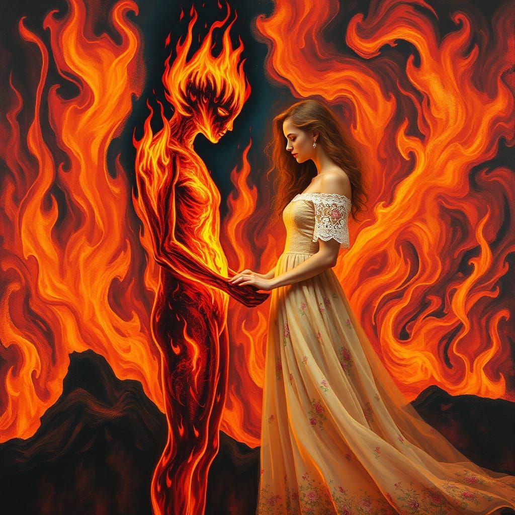 Fiery Figure and Woman in Flowery Dress