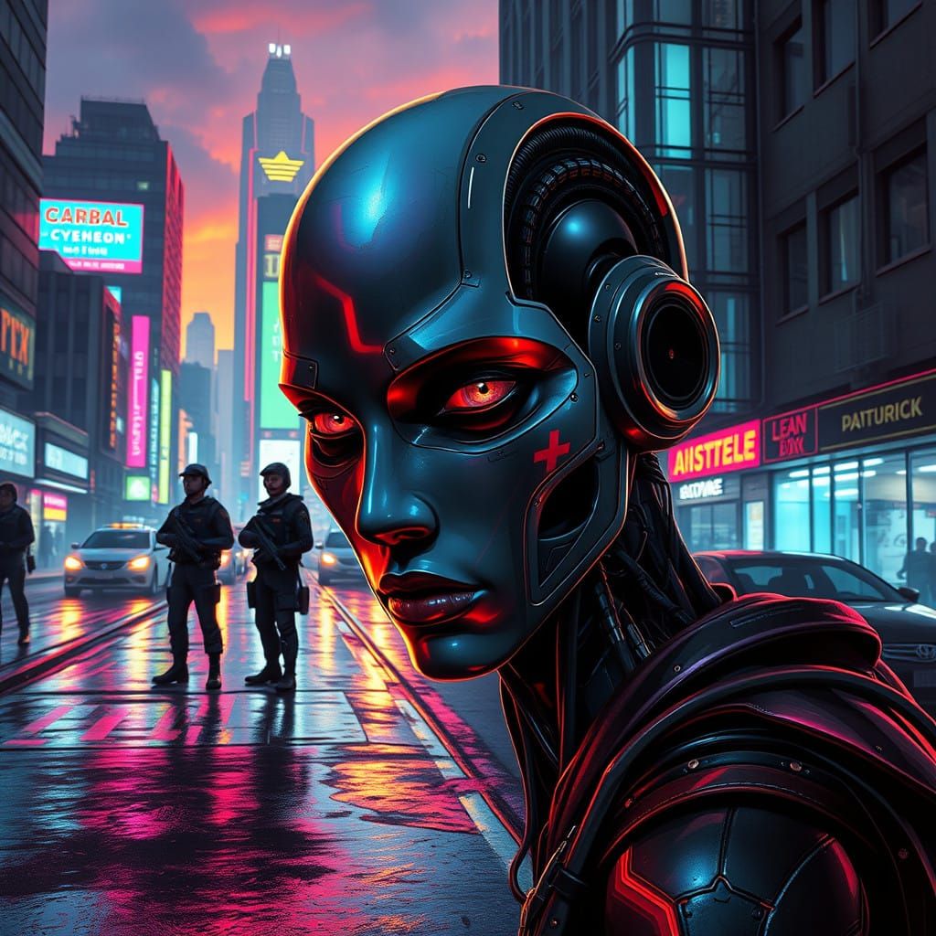 Gritty Cyberpunk Cityscape with Androgynous Robot Face