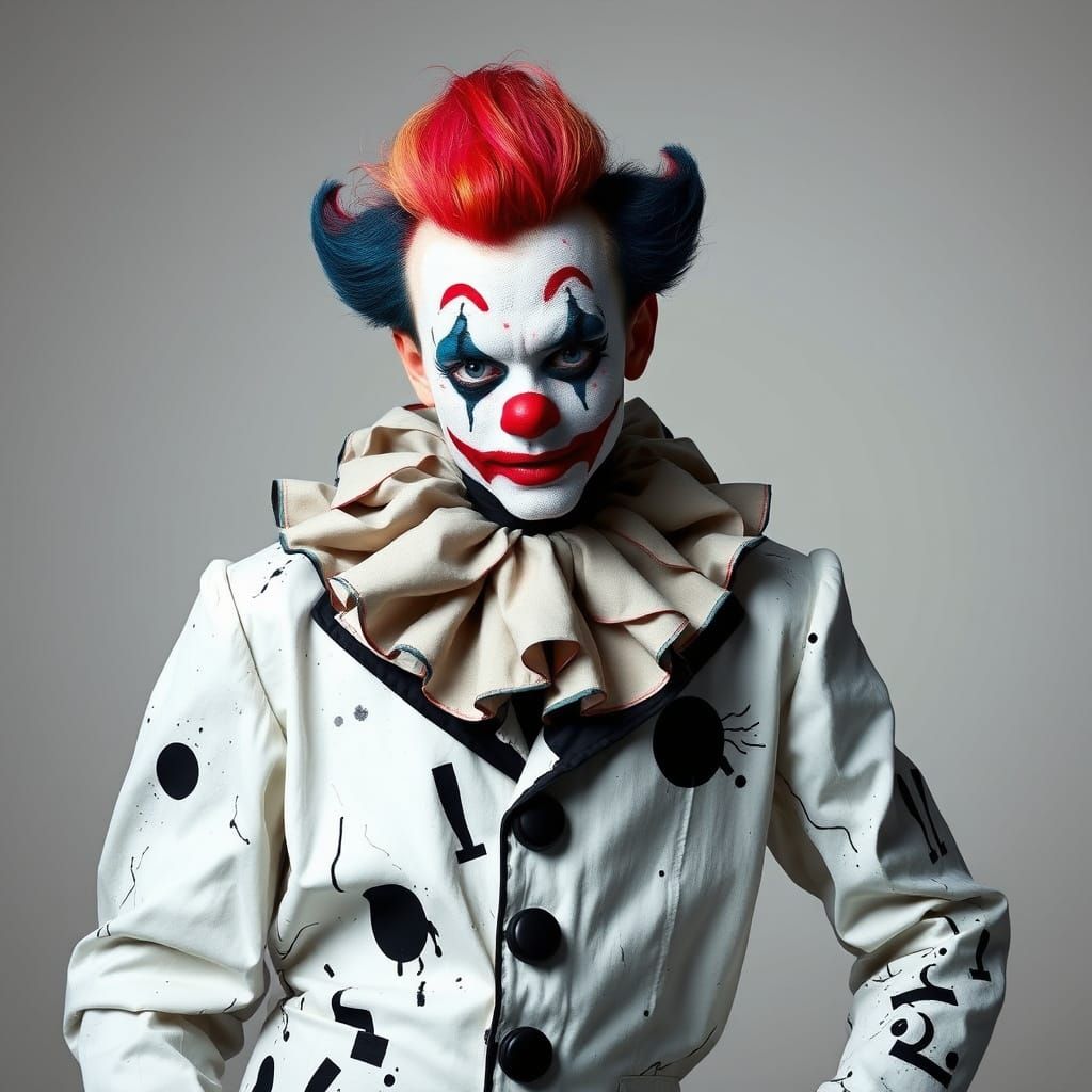 eccentric clown in style of Yohji Yamamoto, stefan sagmeister and bauhaus