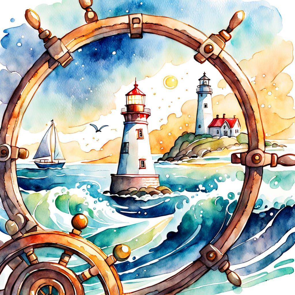 Whimsical Watercolor Lighthouse Scene with Nautical Elements
