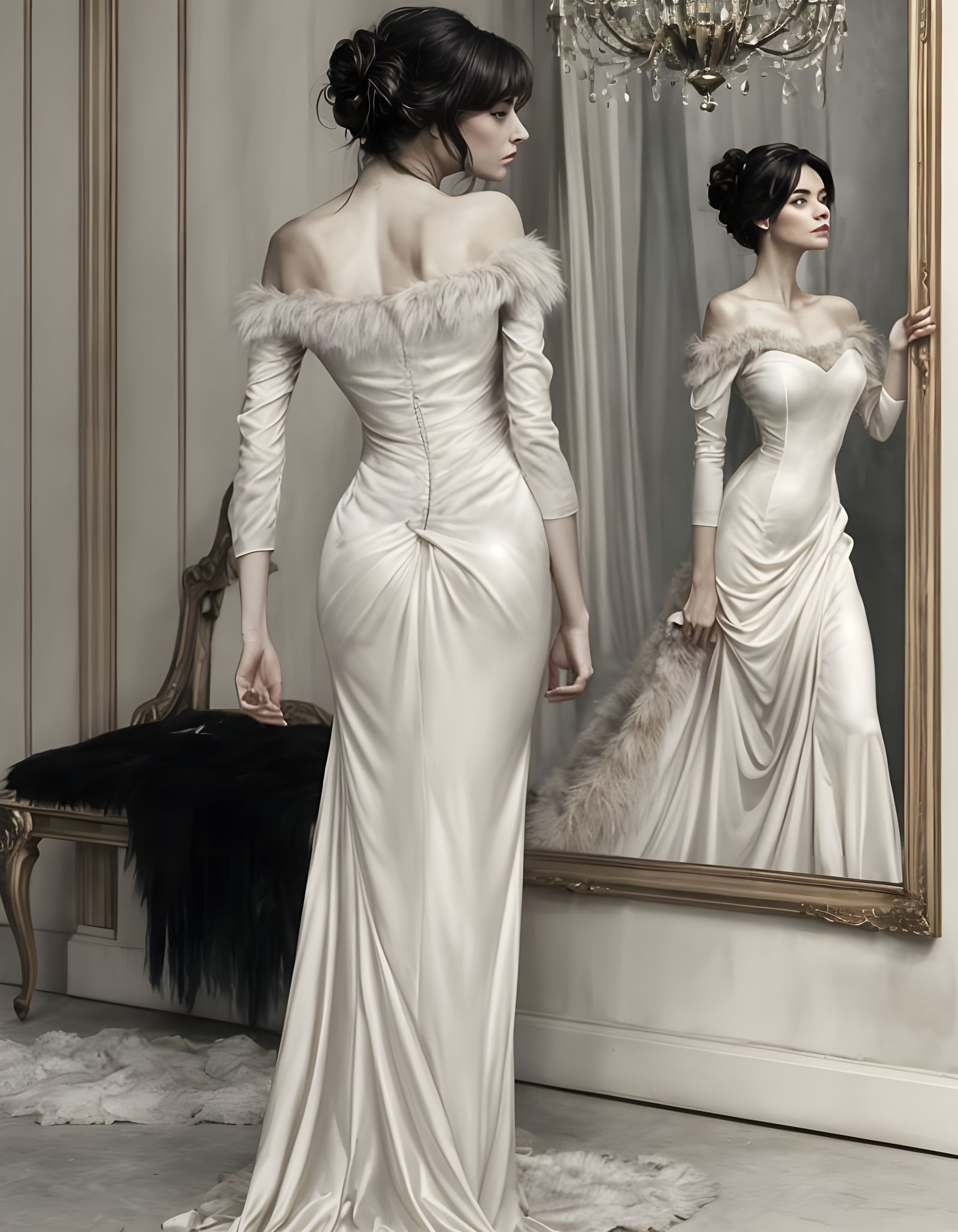 Elegant Woman Admires Herself in a Mirror