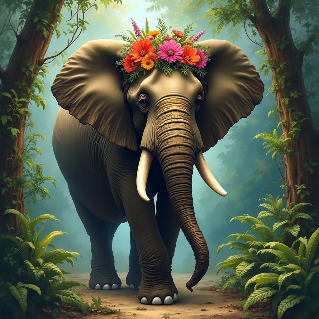 Elephant in Jungle: Impressionistic Floral Garland