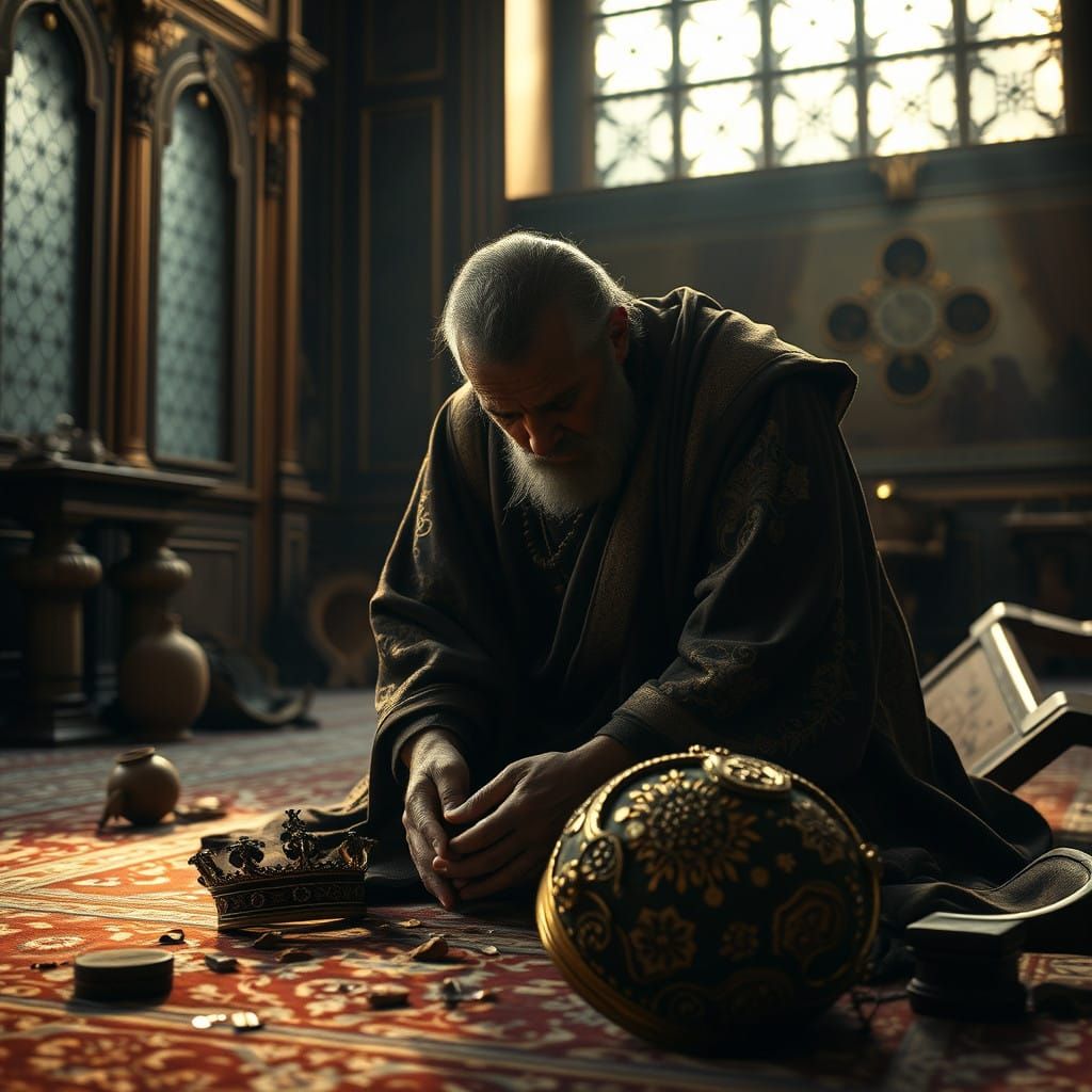 Sorrowful King David Kneels in Royal Chamber, Surrounded by...