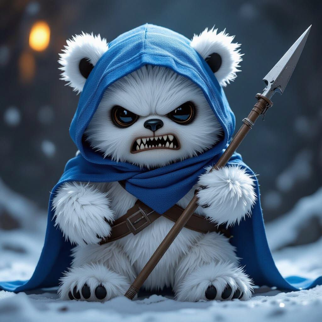 Angry White Ewok Teddy Bear with Spear and Blue Hood