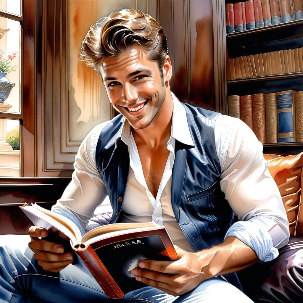 Handsome man reading a book