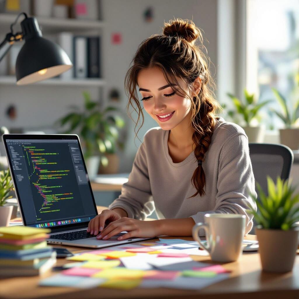 Young Woman Working in Sunlit Modern Office