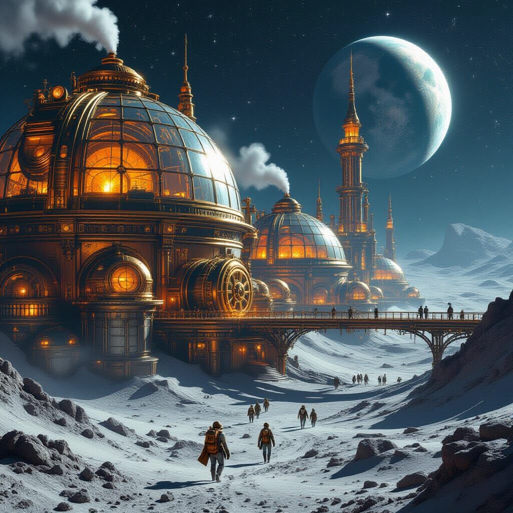 Steampunk Colony on the Moon with Amber Illumination