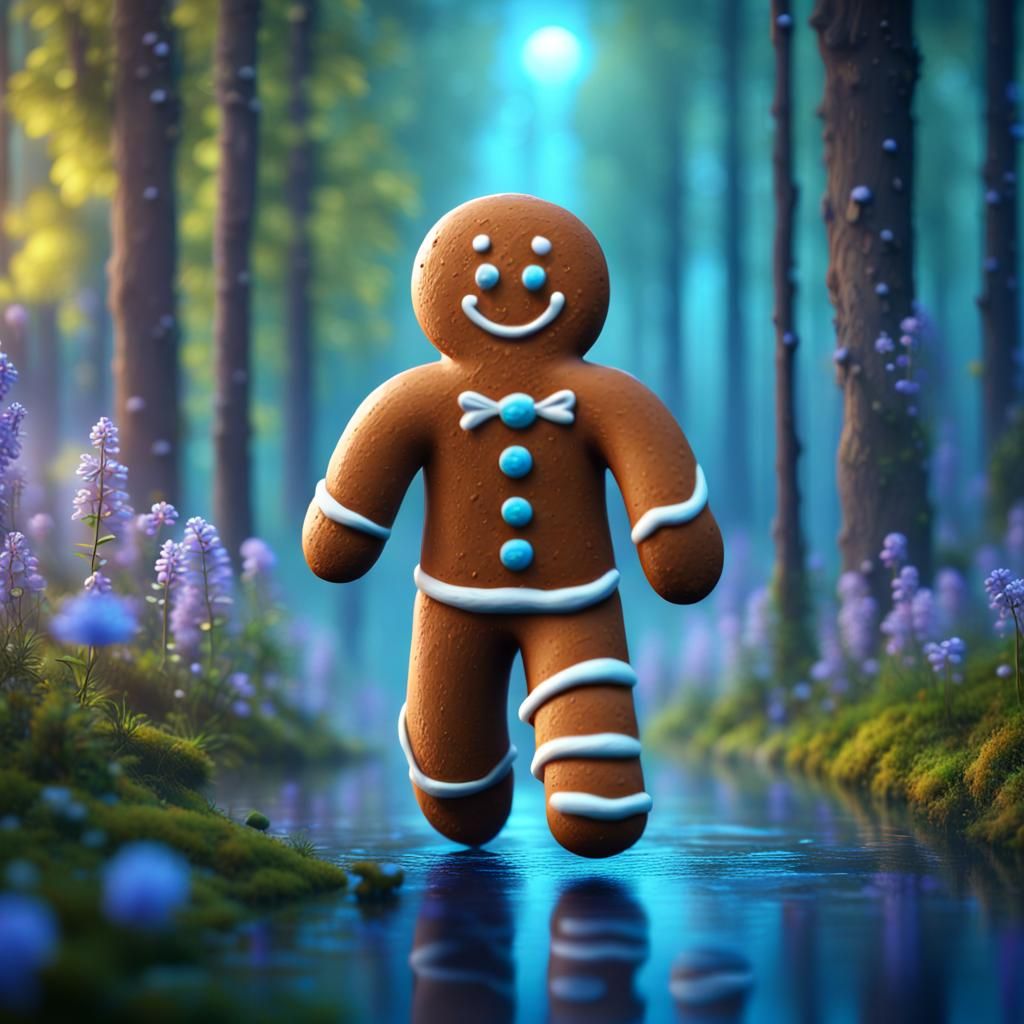 Focus on a gingerbread man who runs past a baker in the flower filled woods. Rain reflections, ambient blue light the sp...