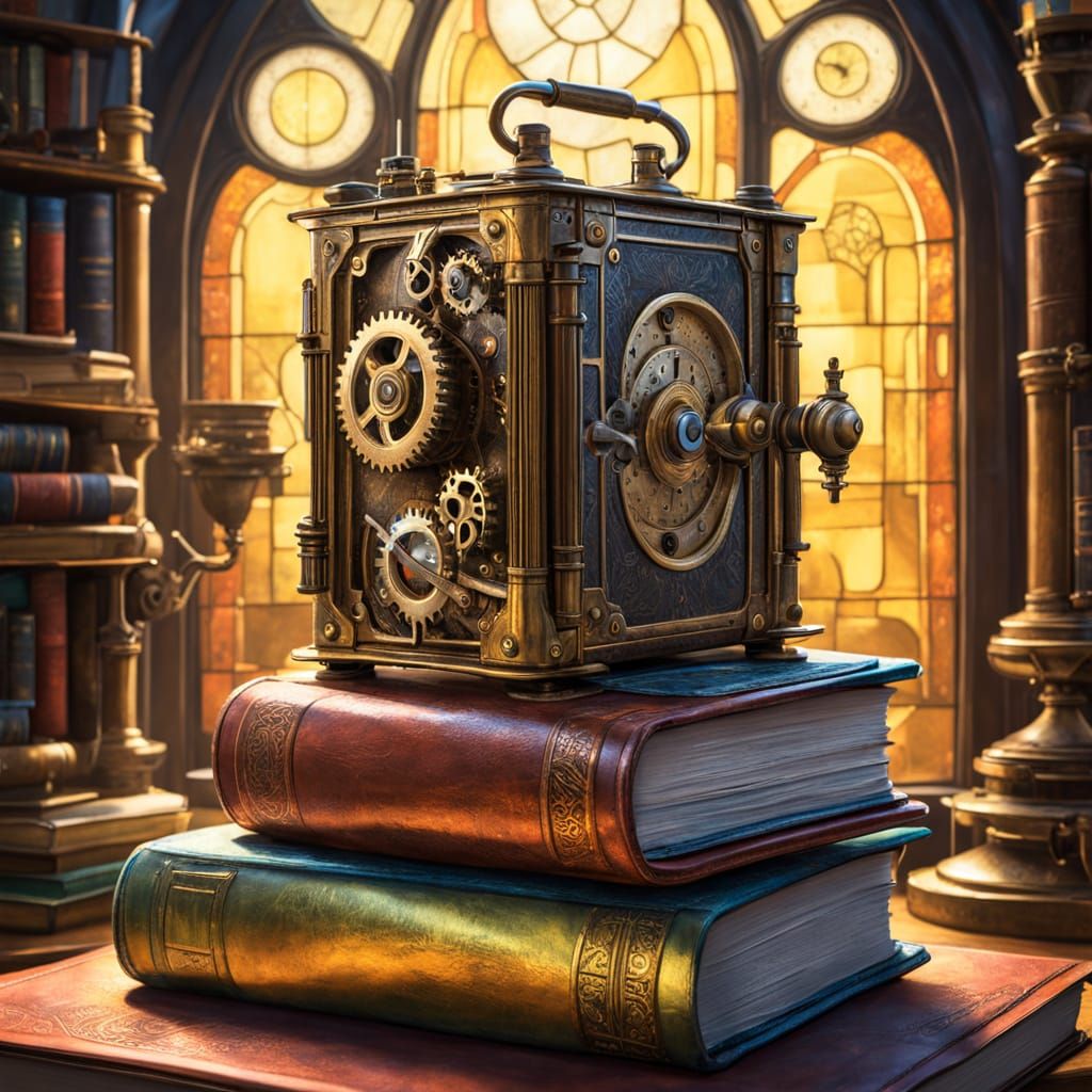 Steampunk Automaton in Library: Digital Painting