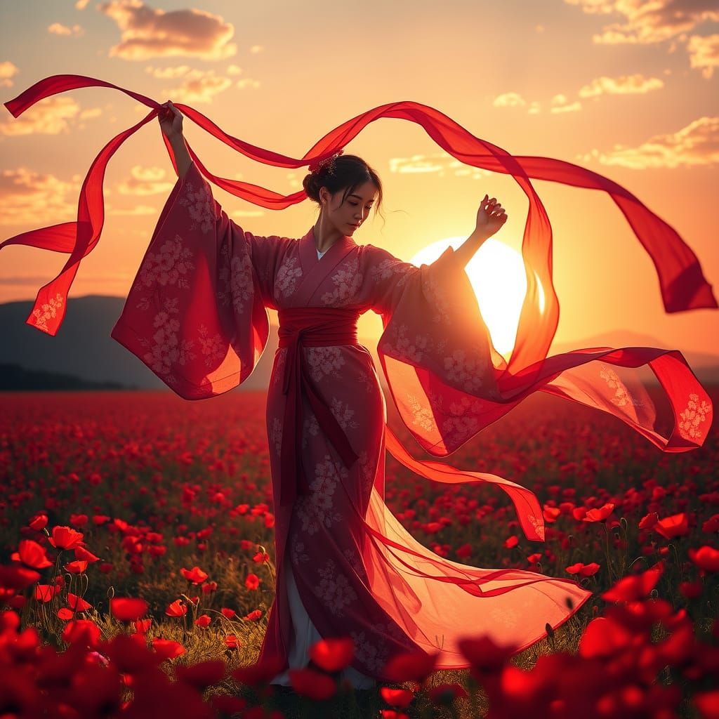 Japanese Woman Dancing with Ribbons in Poppy Field