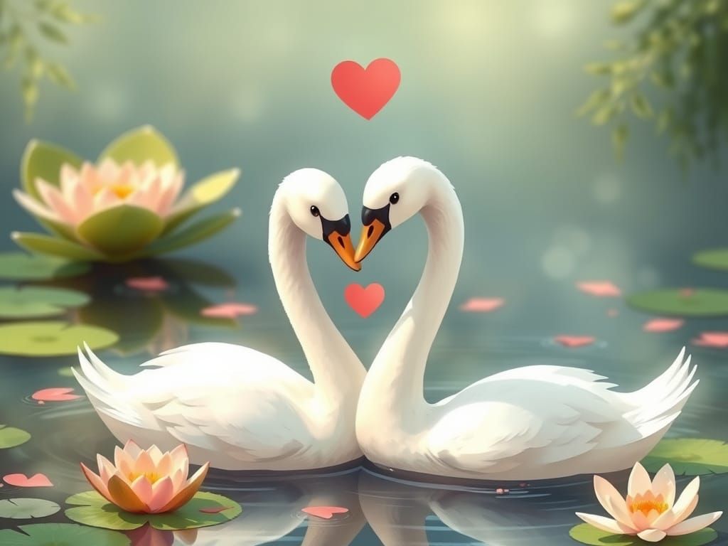 Japanese Cartoon Swans Exude Hearts in Adorable Embrace